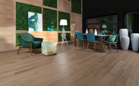 hardwood in dining room with green furniture